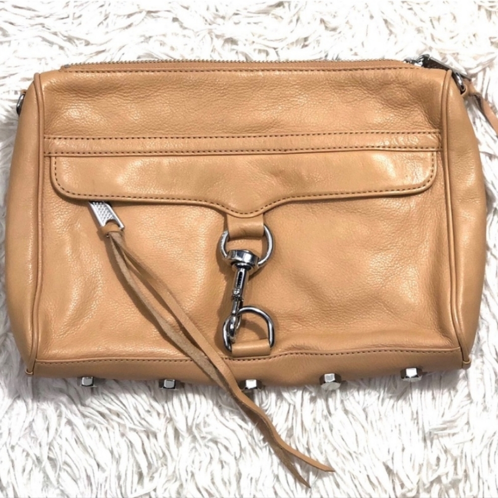 Rebecca Minkoff camel and silver leather clutch